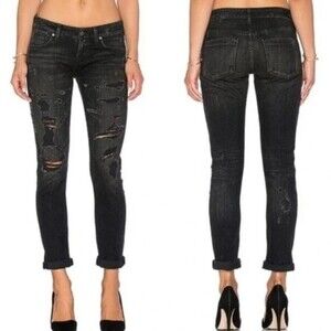 NWT AGOLDE Chloe Distressed Low Rise Slim Jeans in Liverpool Black Size 24